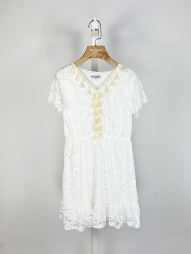 Wholesaler Mini Mignon Paris - Bohemian dress with lace and pompoms for girls