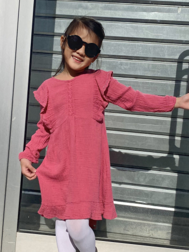 Grossiste Mini Mignon Paris - Robe en gaze de coton à manches longues pour fille