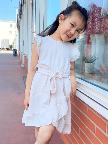 Wholesaler Mini Mignon Paris - Plain dress with belt and ruffles for girls