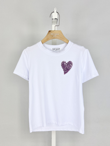 Grossiste Mini Mignon Paris - T-shirt en coton avec coeur en sequins fille