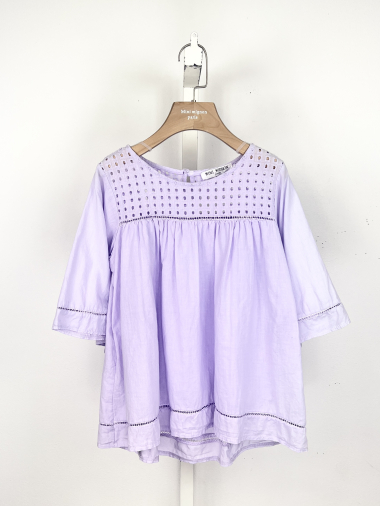 Wholesaler Mini Mignon Paris - Cotton top with 3/4 sleeves and English embroidery for girls