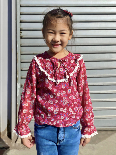 Wholesaler Mini Mignon Paris - Lined floral chiffon top with long sleeves for girls
