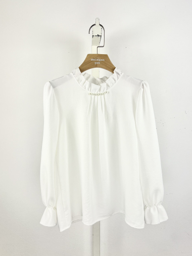 Wholesaler Mini Mignon Paris - Long-sleeved top with ruffles, with gold edging and pearls on the collar for girls