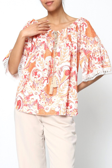 Großhändler Miss Azur - Offene Bluse mit Schleifen aus bedruckter Baumwolle