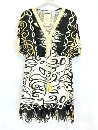 Wholesaler Miss Azur - Printed V-neck Dress with Fringes and Pompoms