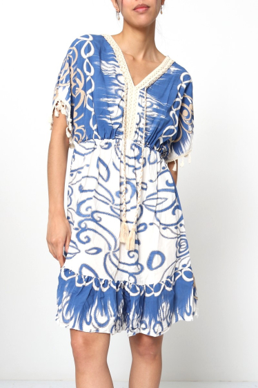 Wholesaler Miss Azur - Printed V-neck Dress with Fringes and Pompoms