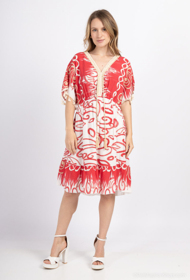 Großhändler Miss Azur - Bedrucktes Kleid mit V-Ausschnitt, Fransen und Pompons
