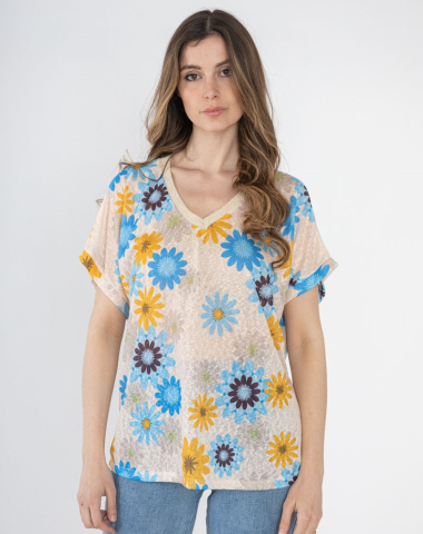 Wholesaler Miss Azur - T-SHIRT with flowers and shiny gold collar
