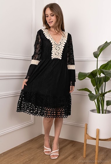 Wholesaler Miss Charm - Lace embroidered dress with pompoms