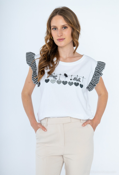 Großhändler Miss Charm - T-Shirt mit Herzmuster und karierten Ärmeln