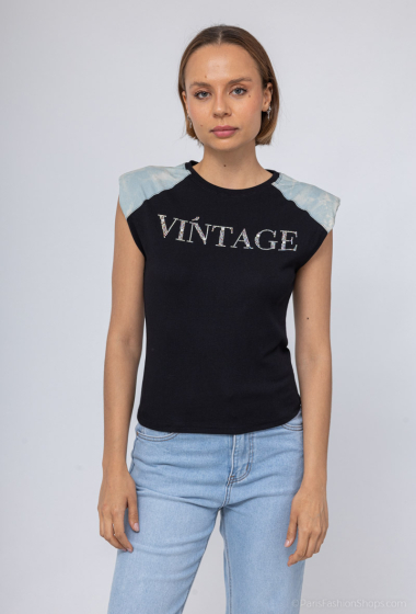 Großhändler Miss Charm - T-Shirt mit „VINTAGE“-Muster aus Strasssteinen