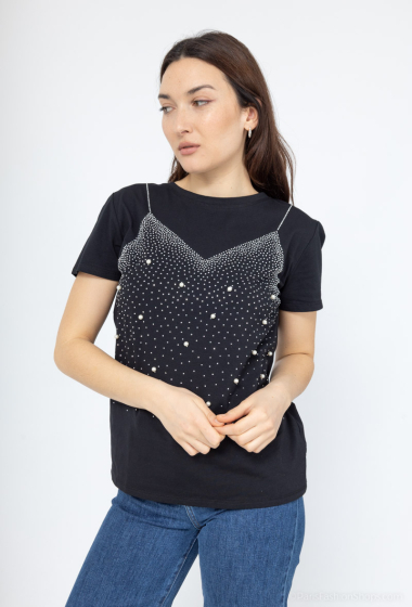 Wholesaler Miss Charm - T-Shirt with rhinestones, tank top and pearls pattern