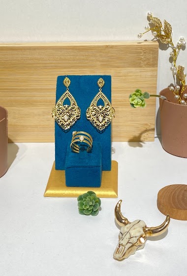 Wholesaler Missra Paris - 1 EARRINGS + 1 STAINLESS STEEL RING ON WOODEN AND VELVET DISPLAY (DUCK BLUE)