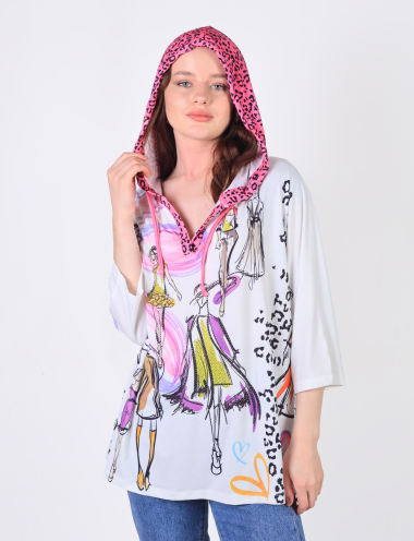 Wholesaler Missy Tekstil - Blouse with rhinestone print hood
