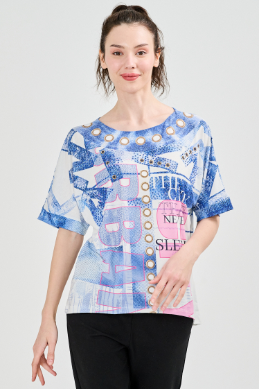Grossiste Missy Tekstil - Blouse col rond imprimé motif à strass