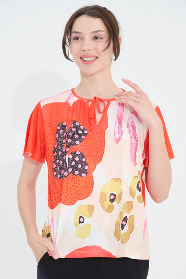 Großhändler Missy Tekstil - Bluse mit Blumenmuster und Strasssteinen