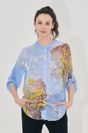 Grossiste Missy Tekstil - Chemise transparente bleue imprimé à fleur