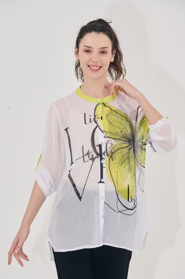 Grossiste Missy Tekstil - Chemise transparente imprimé à fleur jaune