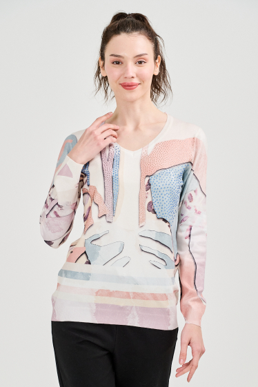 Großhändler Missy Tekstil - Bedruckter Pullover mit Strasssteinen