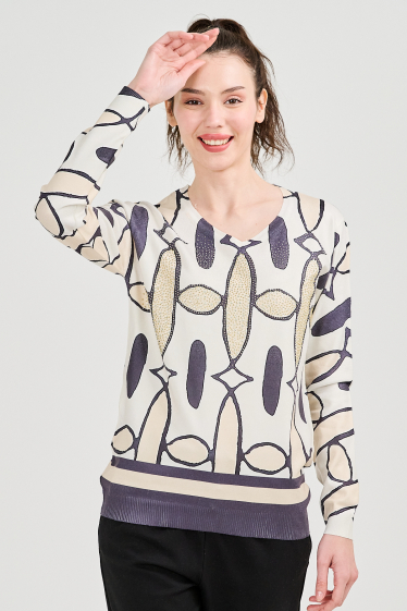 Großhändler Missy Tekstil - Bedruckter Pullover mit Strasssteinen