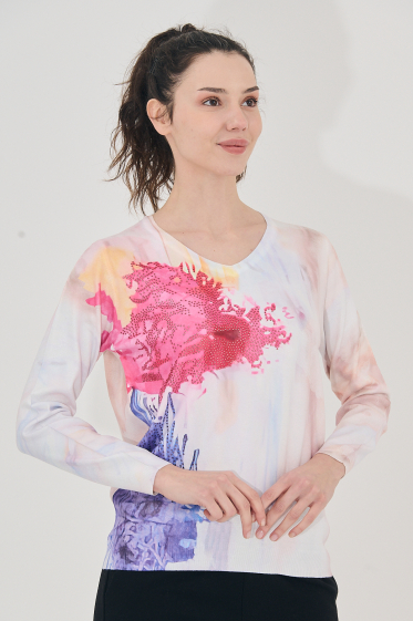 Grossiste Missy Tekstil - Pull imprimé rose à strass