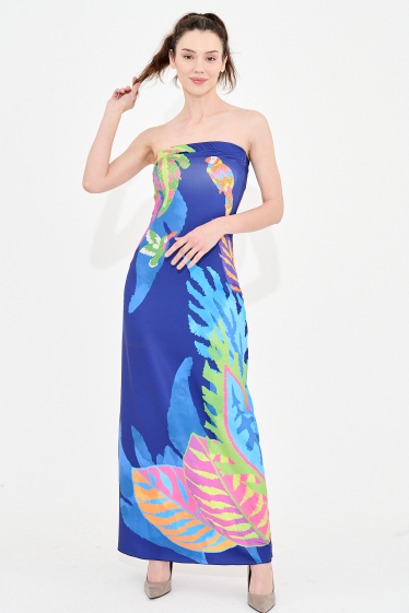 Wholesaler Missy Tekstil - Printed strapless dress with rhinestones