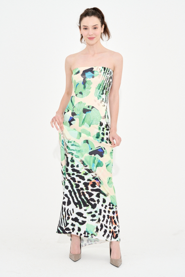 Großhändler Missy Tekstil - Bedrucktes trägerloses Kleid mit Strasssteinen