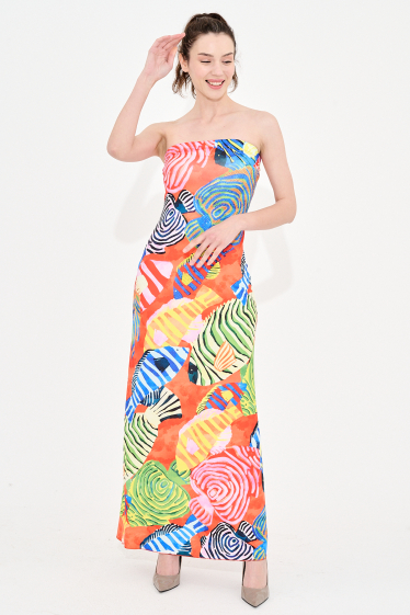 Großhändler Missy Tekstil - Bedrucktes trägerloses Kleid mit Strasssteinen