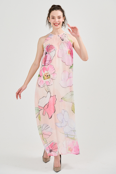 Großhändler Missy Tekstil - Langes Kleid mit Muster und Strasssteinen