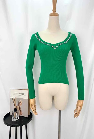 Wholesaler Mochy - Ribbed sweater with rhinestone collar