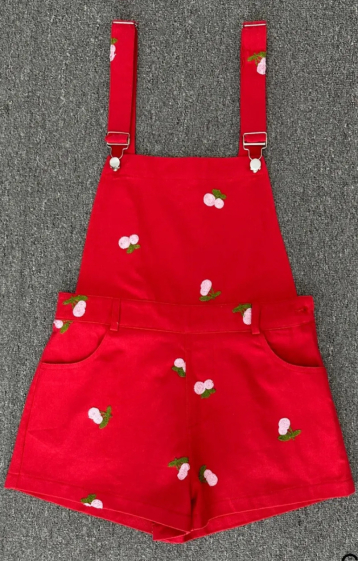 Wholesaler Mochy - Cherry embroidered short overalls
