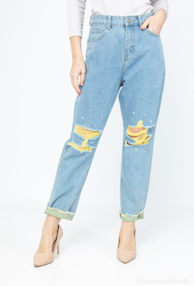 Großhändler Monday Premium - Zerrissene Mom-Jeans mit Strasssteinen