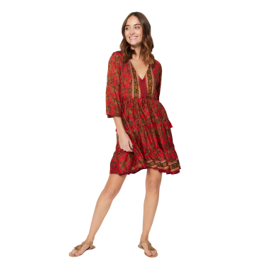 Großhändler MOOYA INDIA - Kurzes rotes Kleid mit V-Ausschnitt und 3/4-Ärmeln