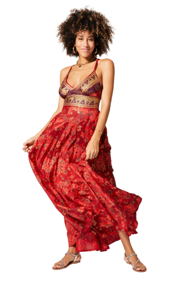 Großhändler MOOYA INDIA - Rückenfreies, bedrucktes Kleid mit Spitzenrücken