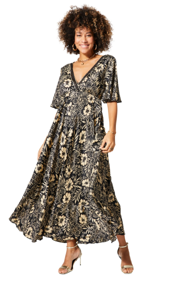 Großhändler MOOYA INDIA - langes ausgestelltes Kleid mit 3/4 Ärmeln