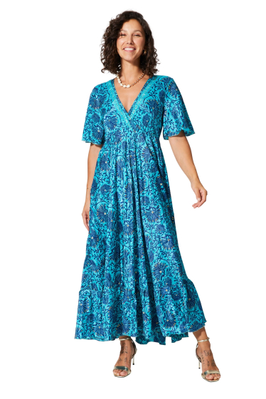 Großhändler MOOYA INDIA - langes ausgestelltes Kleid mit 3/4 Ärmeln