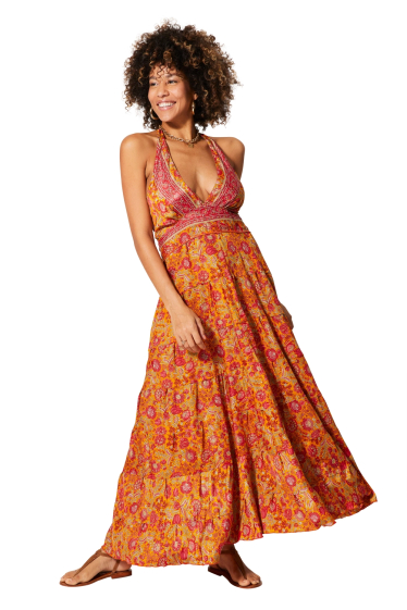 Großhändler MOOYA INDIA - Gesmoktes, rückenfreies, bedrucktes langes Kleid