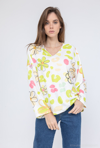 Wholesaler Mooya - Loose V-neck sweater with double-sided flower print