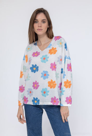 Wholesaler Mooya - Loose V-neck flower print sweater