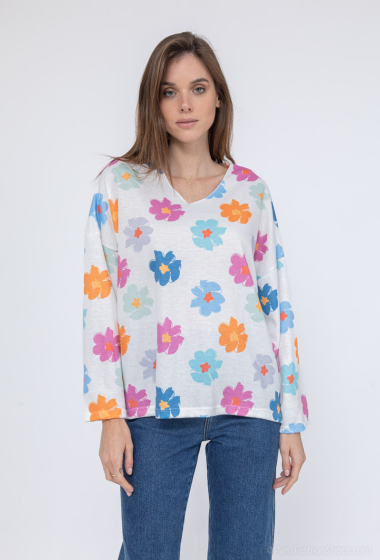 Wholesaler Mooya - Loose V-neck flower print sweater