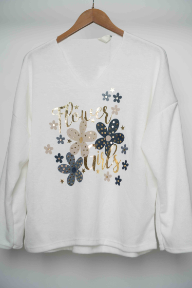 Wholesaler Mooya - Loose V-neck sweater with flower girls print and gold
