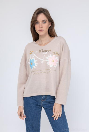 Großhändler Mooya - Lockerer Pullover mit V-Ausschnitt und FLOWERS VIBES-Aufdruck