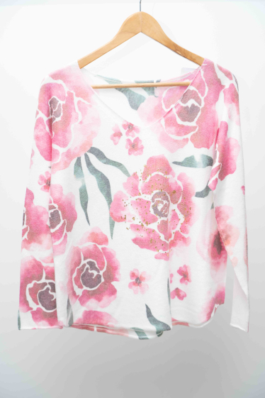 Wholesaler Mooya - pink flower print V-neck sweater