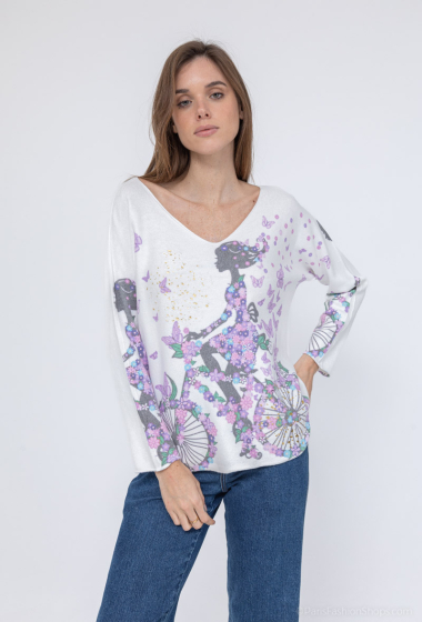 Wholesaler Mooya - V-neck sweater with bike and butterfly print