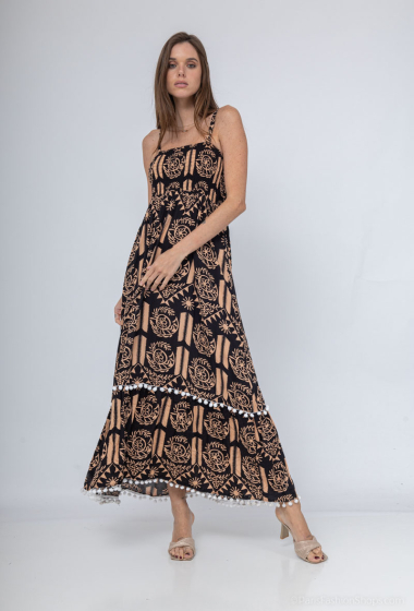 Großhändler Mooya - Langes bedrucktes Kleid mit Pompom-Detail