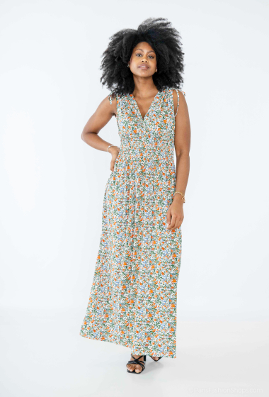 Großhändler Elissa - Langes Kleid mit V-Ausschnitt-Print vorne und hinten