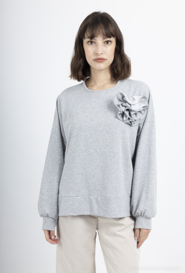 Großhändler Mooya - Baumwoll-Sweatshirt mit Blumenbrosche