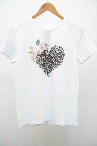 Mayorista Mooya - Camiseta blanca de algodón con estampado de corazones de leopardo