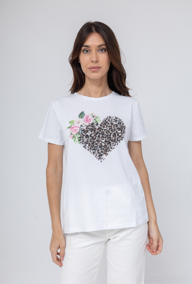 Großhändler Mooya - Weißes Baumwoll-T-Shirt mit Leopardenherz-Print
