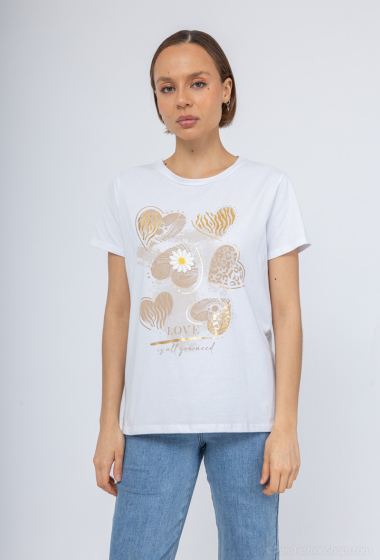 Großhändler Mooya - Weißes Baumwoll-T-Shirt mit goldenem Herzdruck